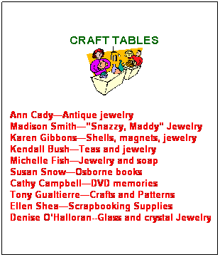 Text Box: &nbsp;
CRAFT TABLES

&nbsp;
Ann Cady�Antique jewelry
Madison Smith��Snazzy, Maddy� Jewelry
Karen Gibbons�Shells, magnets, jewelry
Kendall Bush�Teas and jewelry
Michelle Fish�Jewelry and soap
Susan Snow�Osborne books
Cathy Campbell�DVD memories
Tony Gualtierre�Crafts and Patterns
Ellen Shea�Scrapbooking Supplies
Denise O�Halloran--Glass and crystal Jewelry
